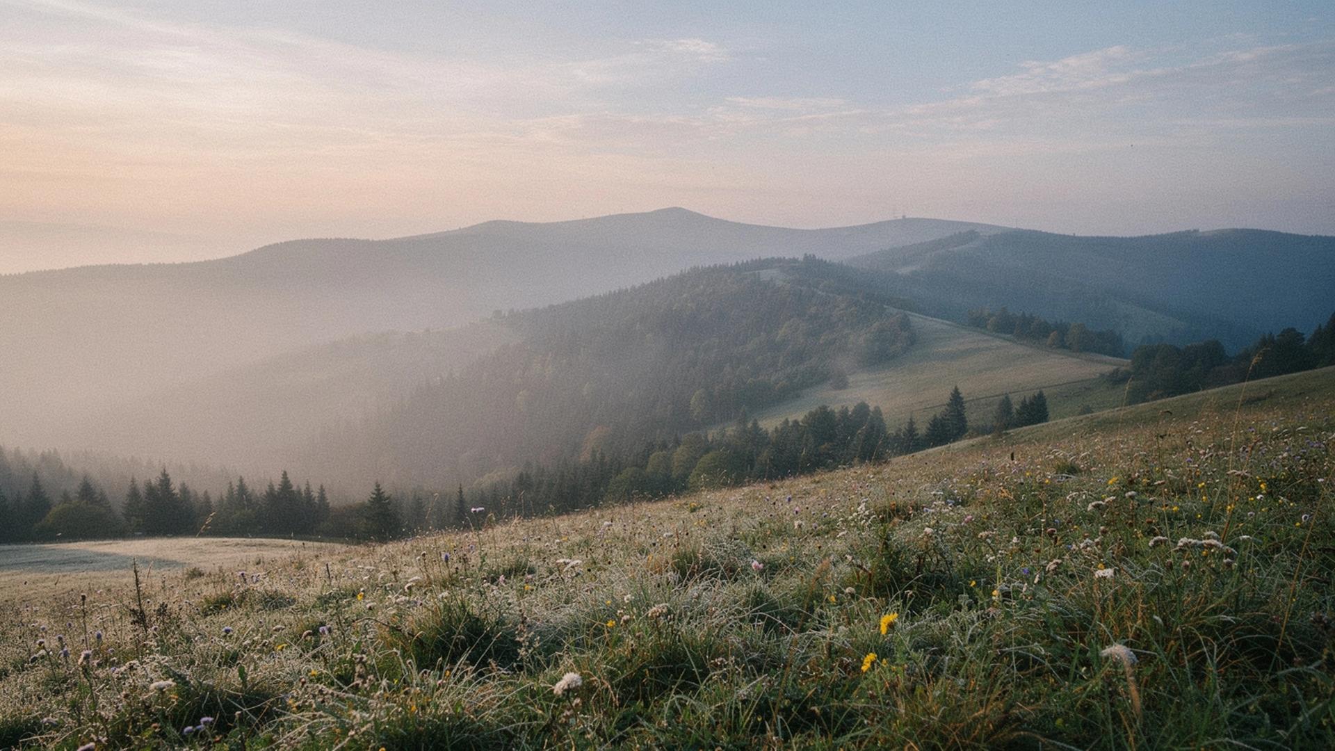 Layered forested Carpathian ridges fading into morning mist above a dew-covered meadow