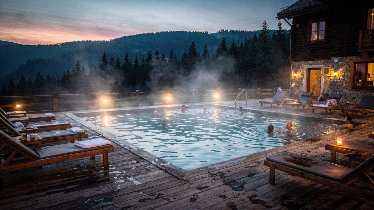 Evening thermal pool terrace at a partner wellness facility in the Carpathians