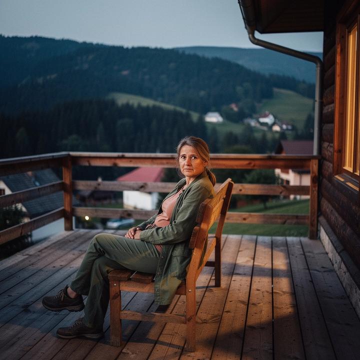 Guest on the terrace of a Carpathian retreat house at dusk